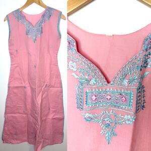 Indian Embroidered Sleeveless Kurta Dress In Pink Blue Size Medium